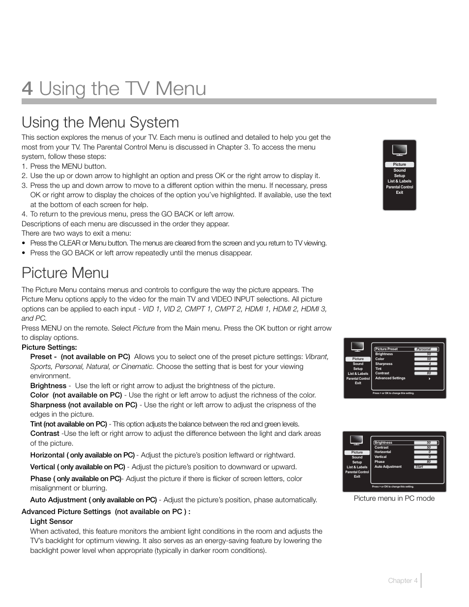 4 using the tv menu, Using the menu system, Picture menu | RCA L46FHD37R User Manual | Page 25 / 40
