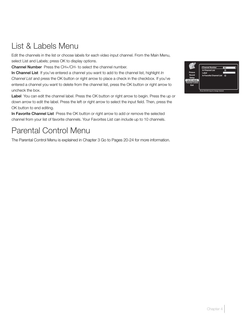 List & labels menu, Parental control menu | RCA L46FHD37R User Manual | Page 29 / 40