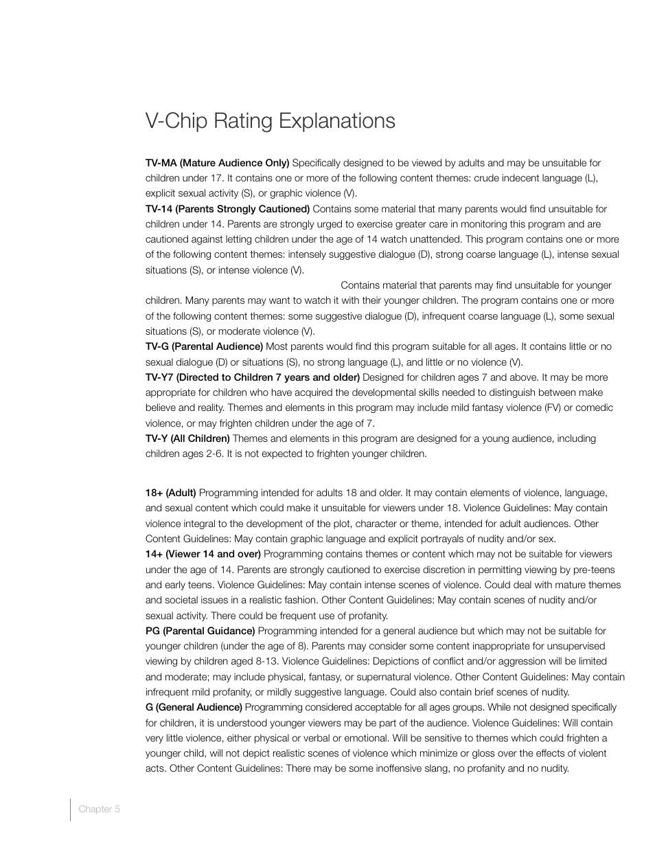 V-chip rating explanations | RCA L46FHD37R User Manual | Page 34 / 40