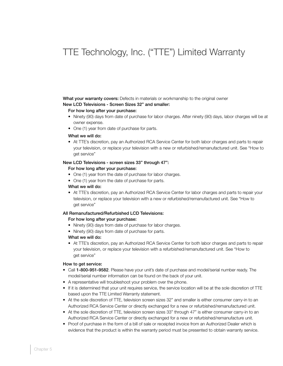 Tte technology, inc. (“tte”) limited warranty | RCA L46FHD37R User Manual | Page 36 / 40