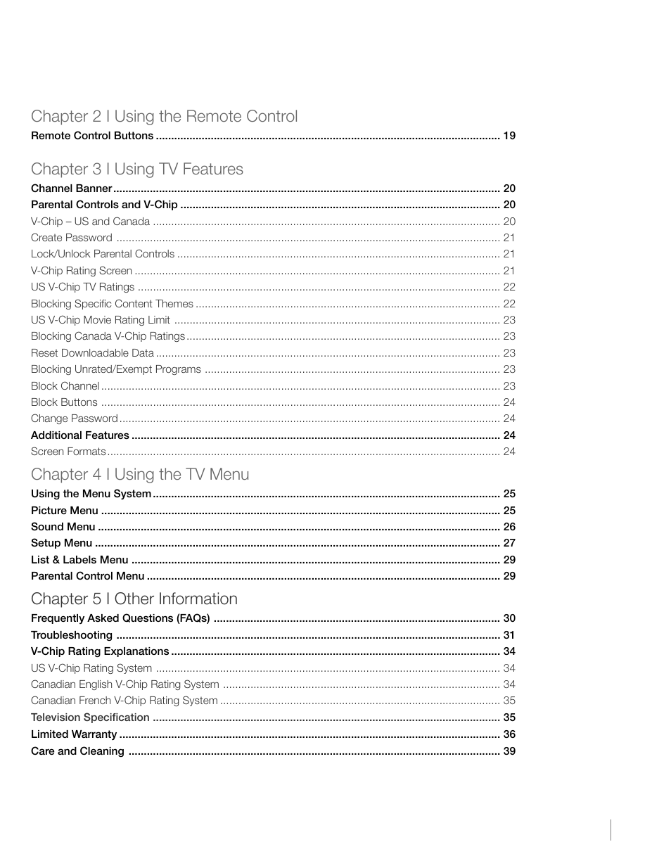 Chapter 2 i using the remote control, Chapter 3 i using tv features, Chapter 4 i using the tv menu | Chapter 5 i other information | RCA L46FHD37R User Manual | Page 5 / 40