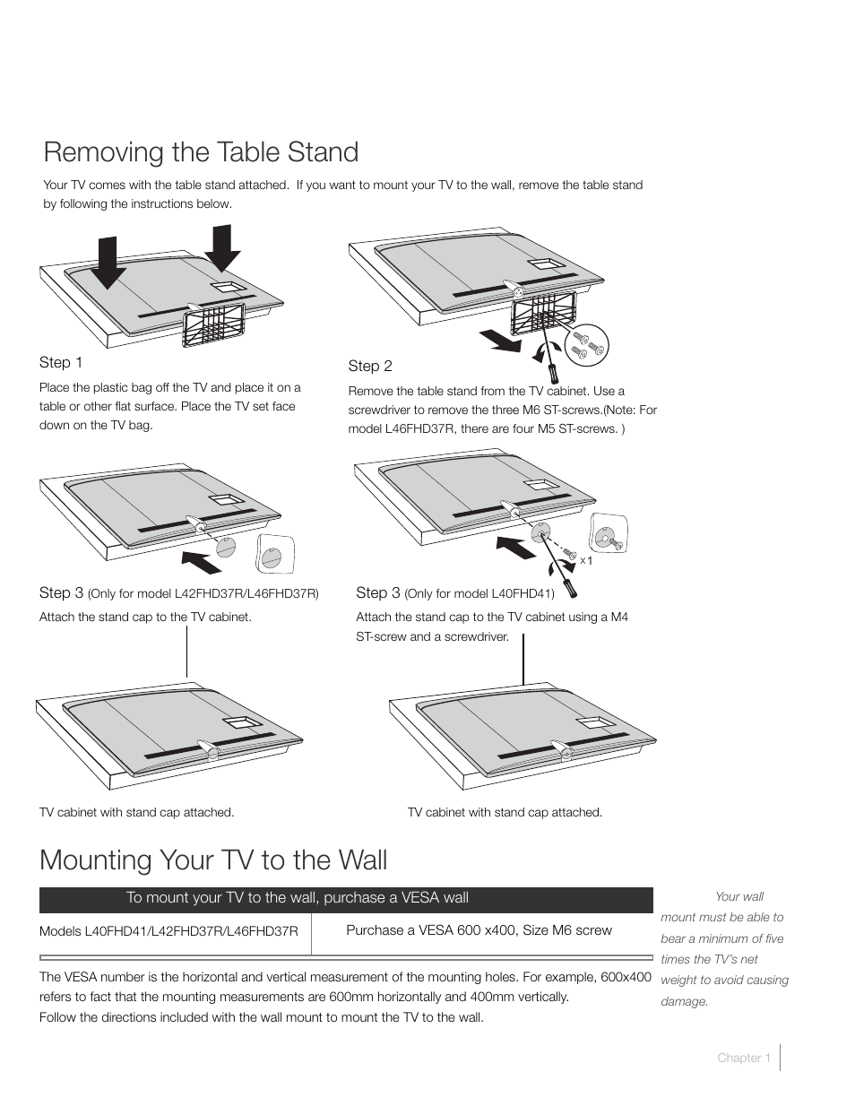 Removing the table stand, Mounting your tv to the wall | RCA L46FHD37R User Manual | Page 7 / 40