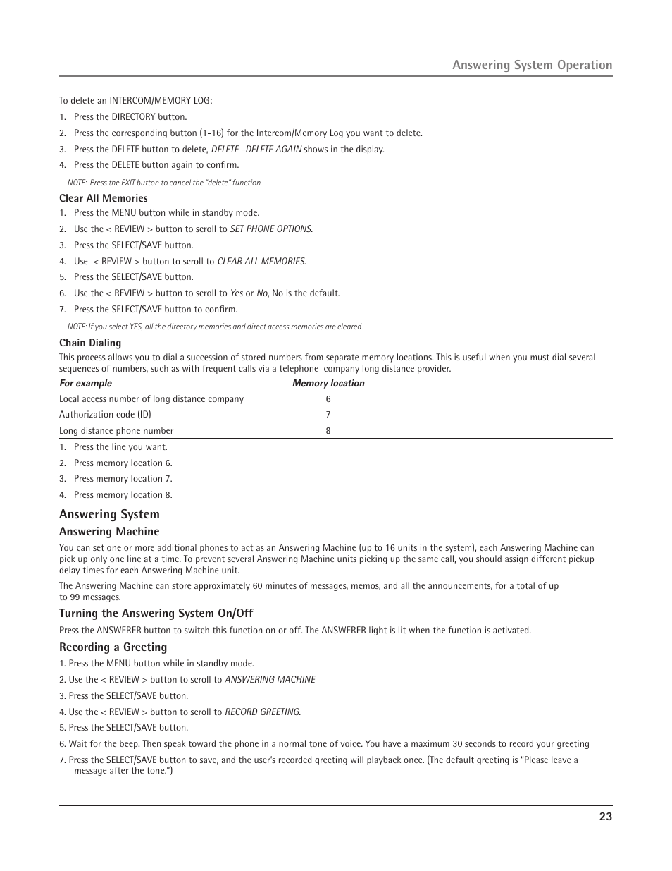 Answering system, Answering system operation | RCA 25415 User Manual | Page 23 / 32