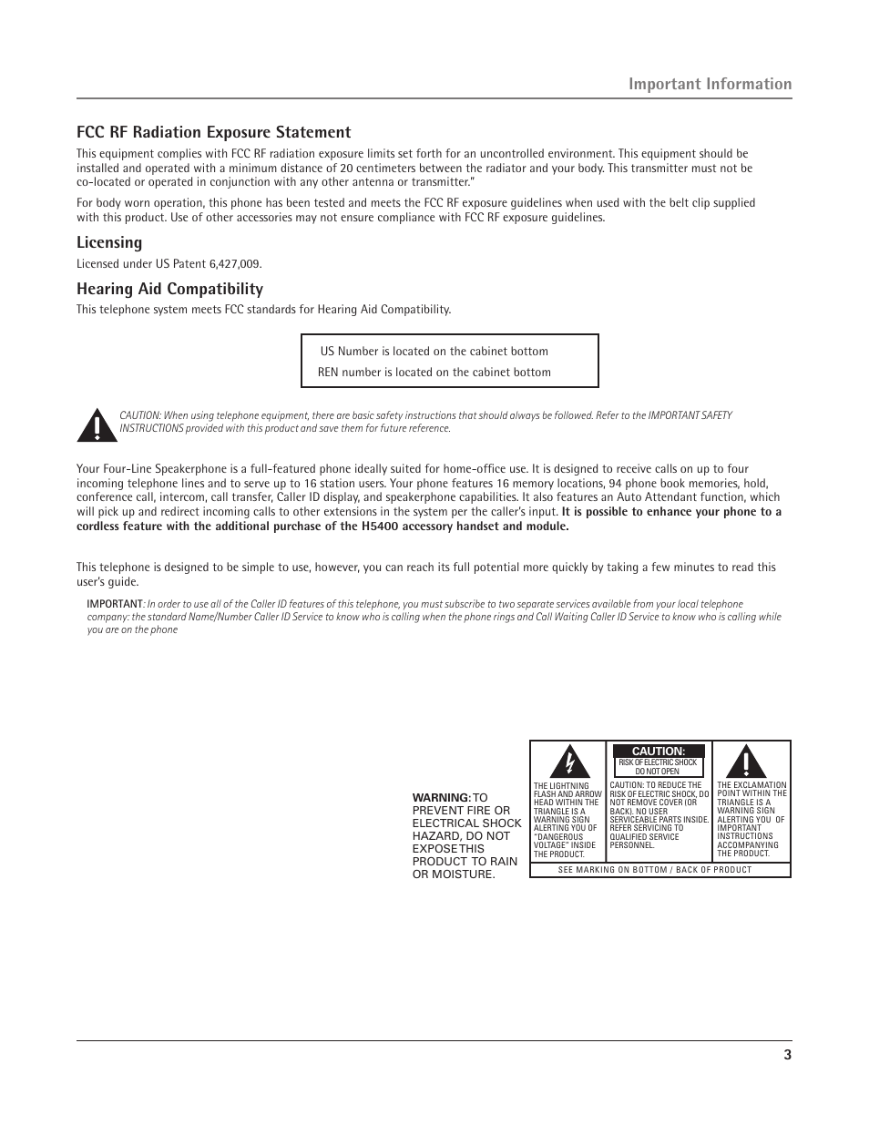 Licensing, Hearing aid compatibility | RCA 25415 User Manual | Page 3 / 32