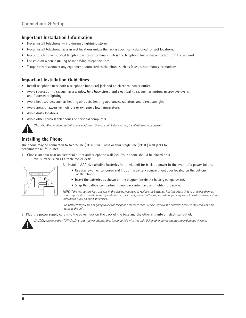 Important installation information, Important installation guidelines, Installing the phone | Connections & setup | RCA 25415 User Manual | Page 6 / 32