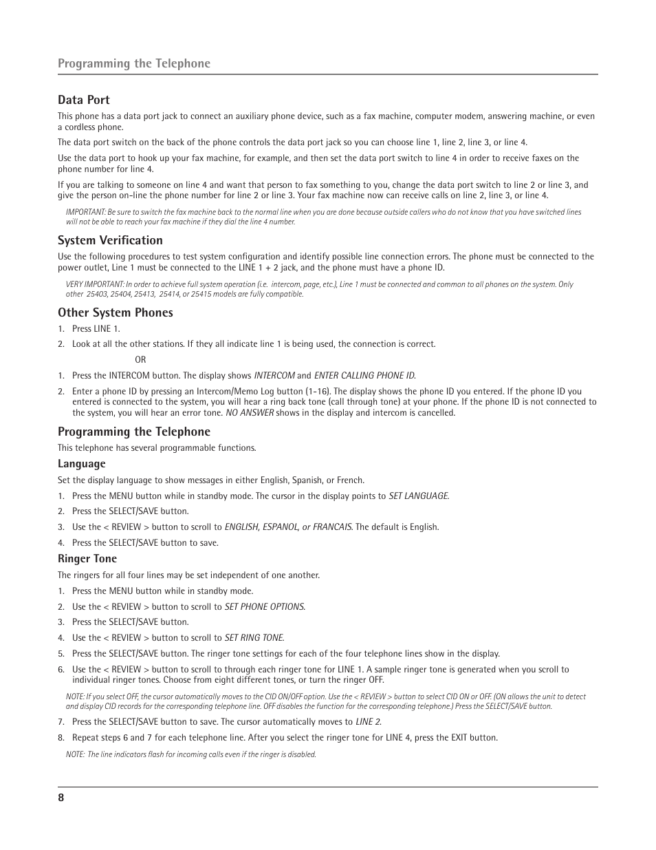 Data port, System veriﬁcation, Other system phones | Programming the telephone | RCA 25415 User Manual | Page 8 / 32