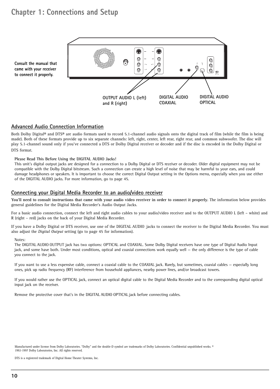 Chapter 1: connections and setup, Advanced audio connection information | RCA DRC7005N User Manual | Page 12 / 64