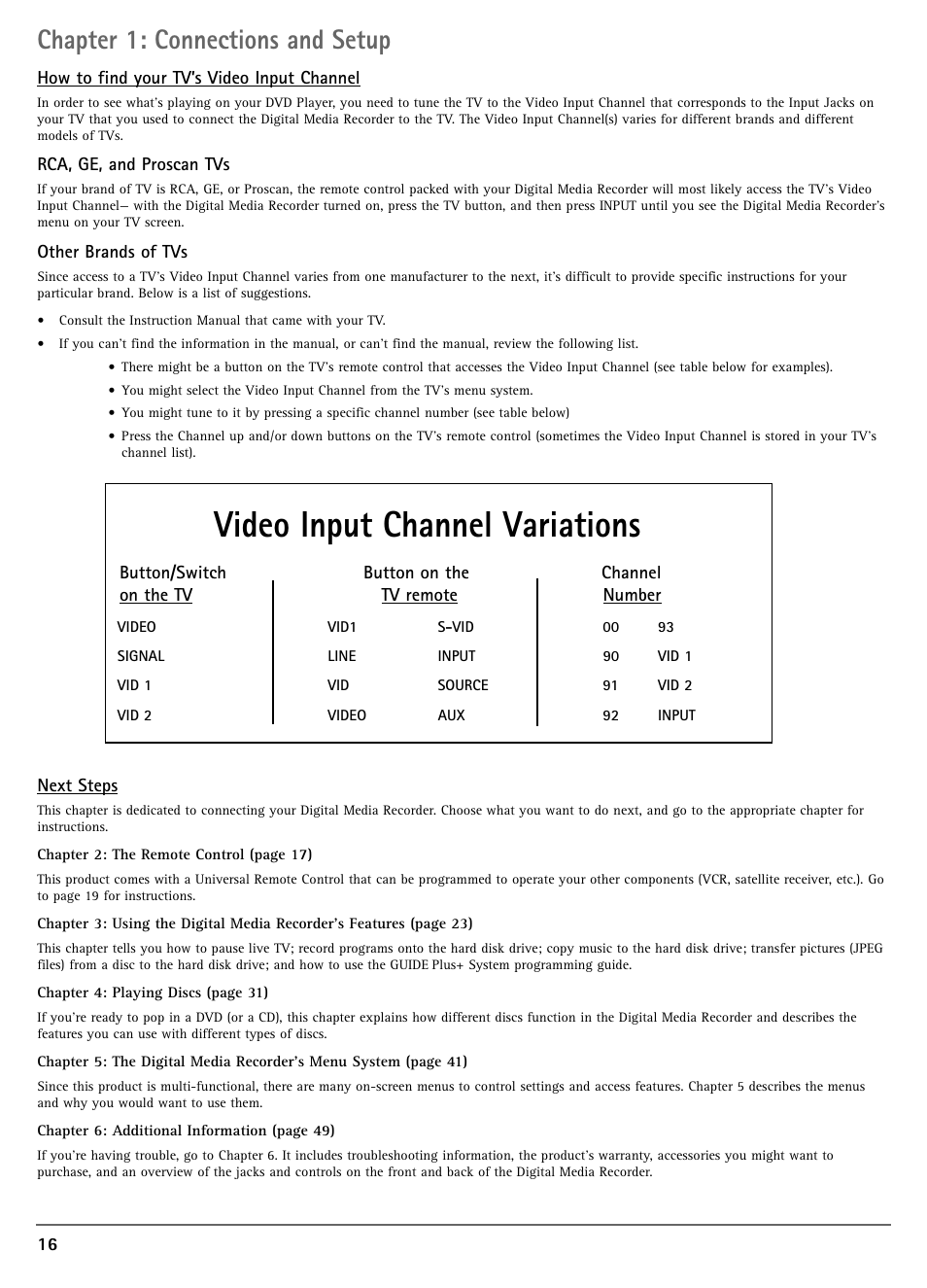 Video input channel variations, Chapter 1: connections and setup | RCA DRC7005N User Manual | Page 18 / 64