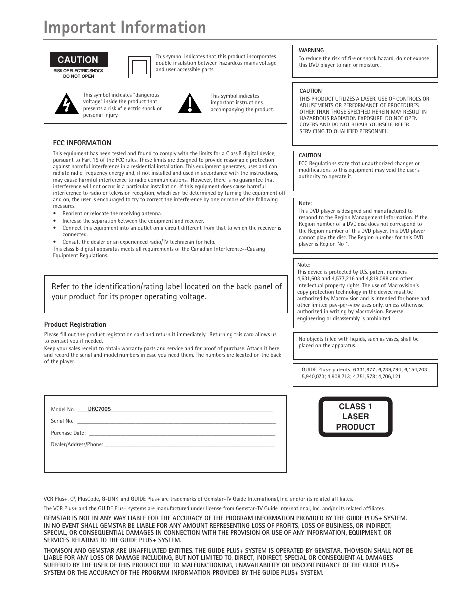 Important information, Caution, Class 1 laser product | RCA DRC7005N User Manual | Page 2 / 64