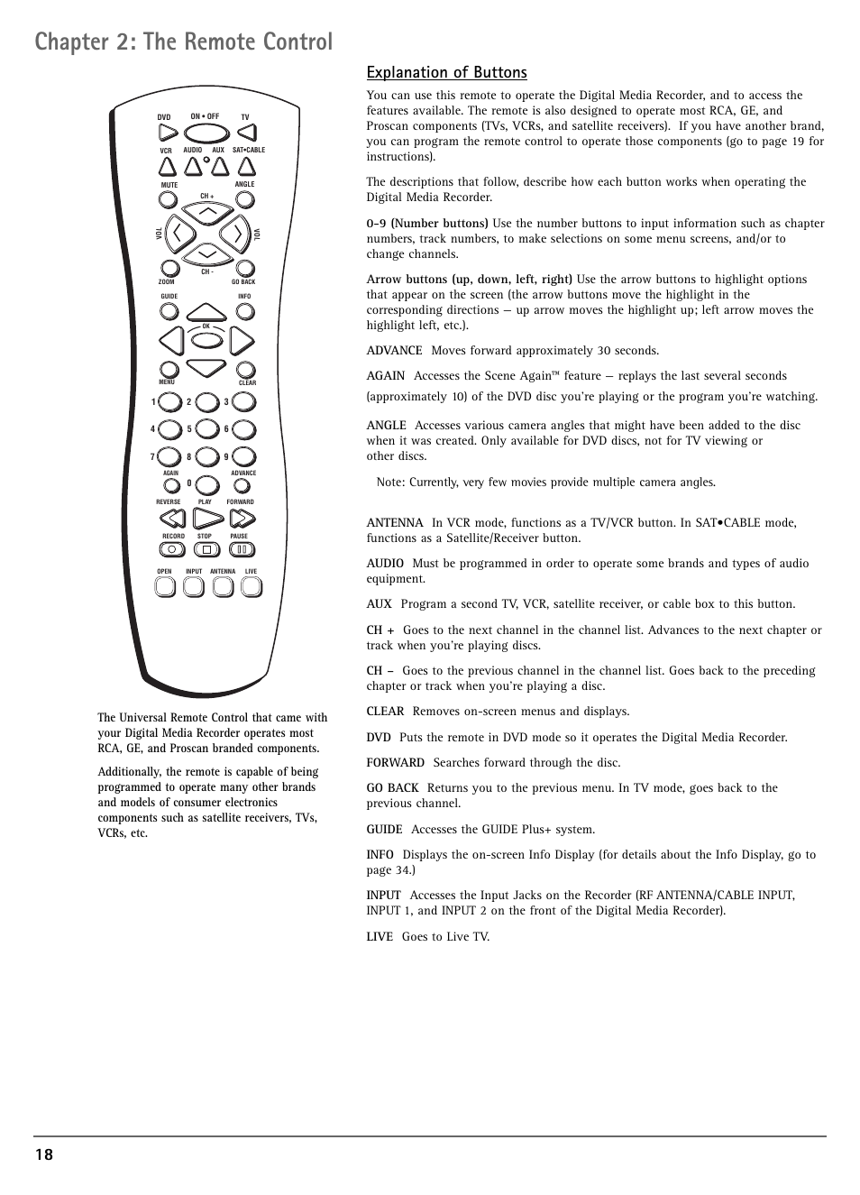 Chapter 2: the remote control, 18 explanation of buttons | RCA DRC7005N User Manual | Page 20 / 64