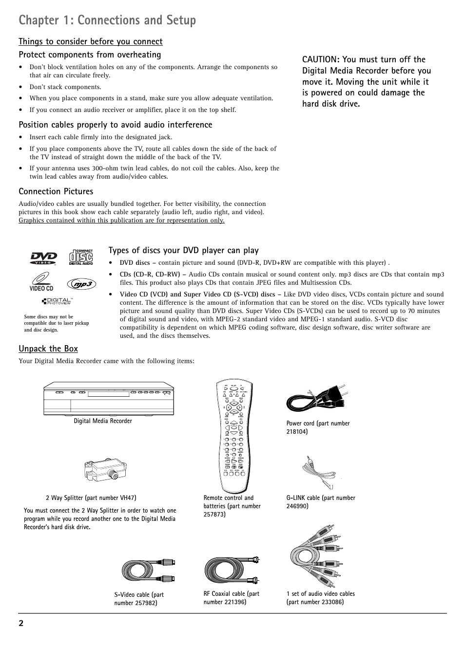 Chapter 1: connections and setup, Connection pictures, Types of discs your dvd player can play | Unpack the box | RCA DRC7005N User Manual | Page 4 / 64