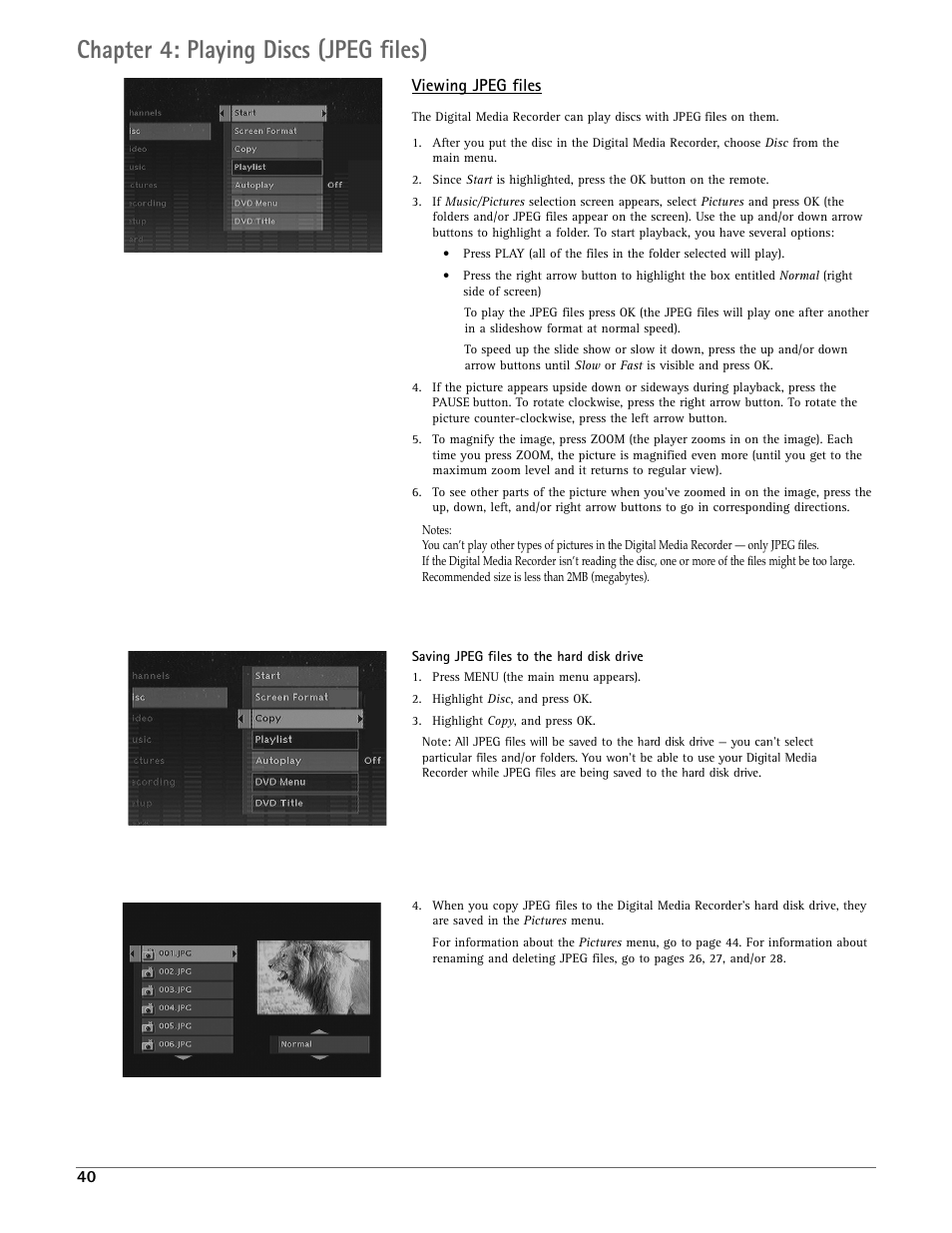 Chapter 4: playing discs (jpeg files), Viewing jpeg files | RCA DRC7005N User Manual | Page 42 / 64