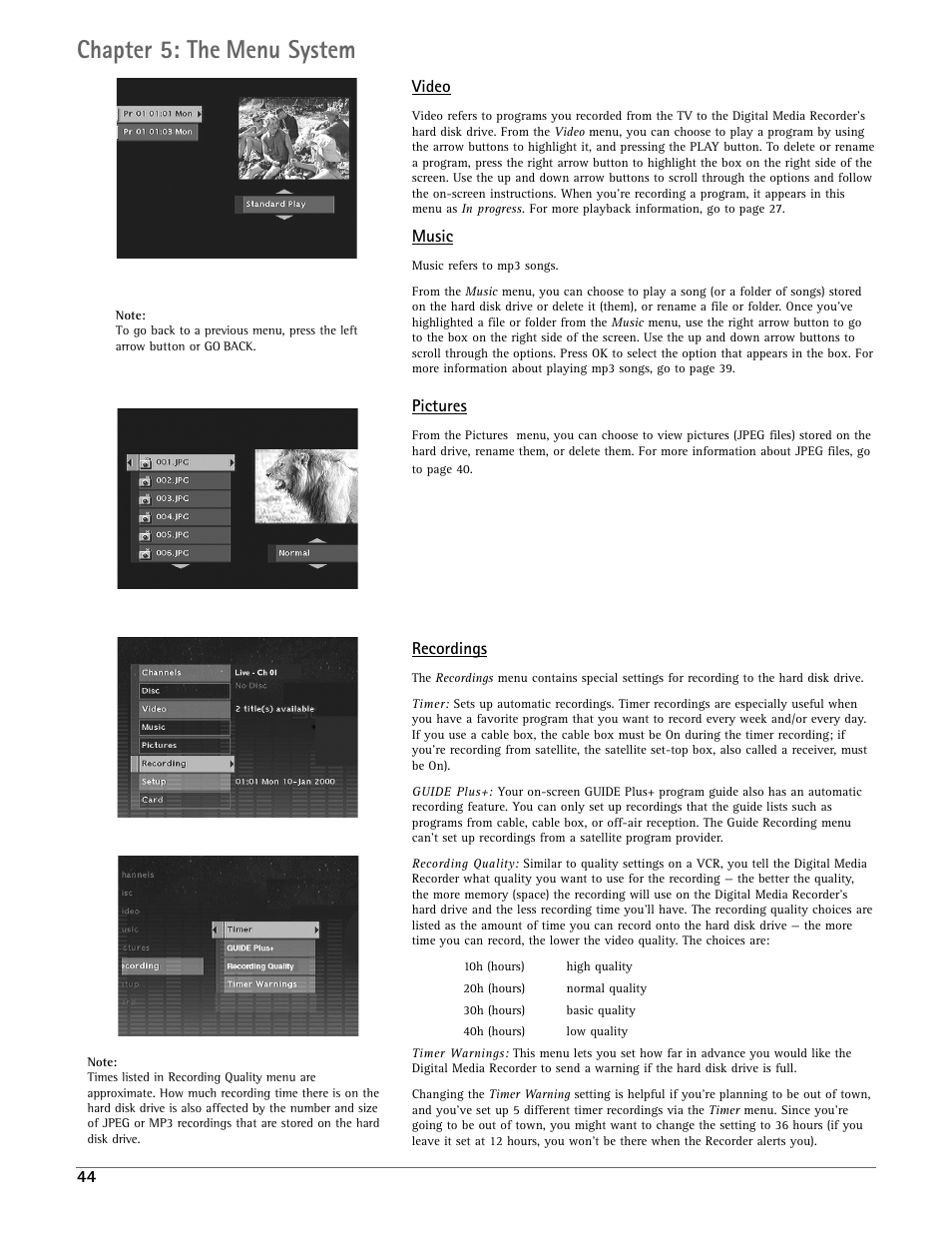 Chapter 5: the menu system, Video, Music | Pictures, Recordings | RCA DRC7005N User Manual | Page 46 / 64