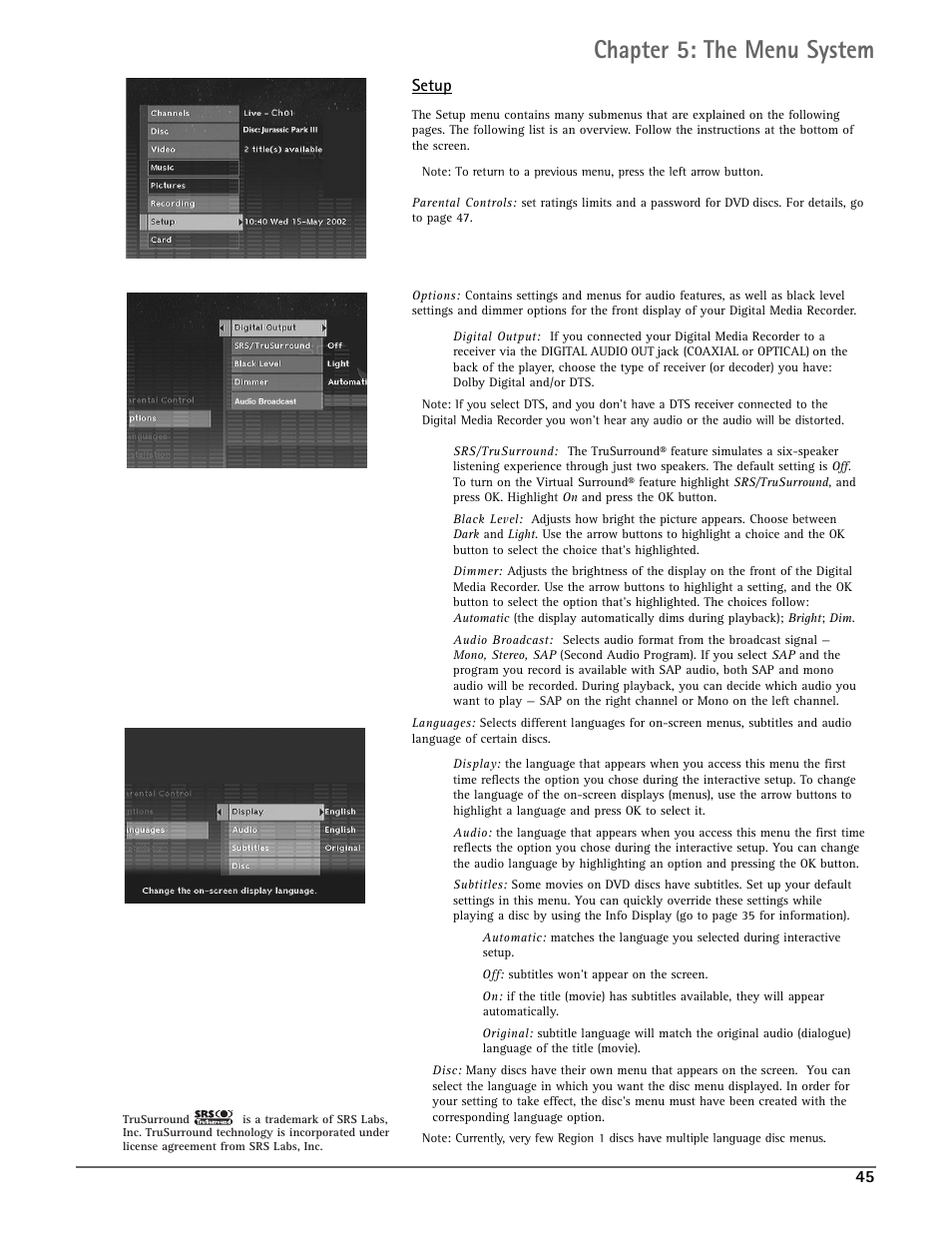 Chapter 5: the menu system, Setup | RCA DRC7005N User Manual | Page 47 / 64