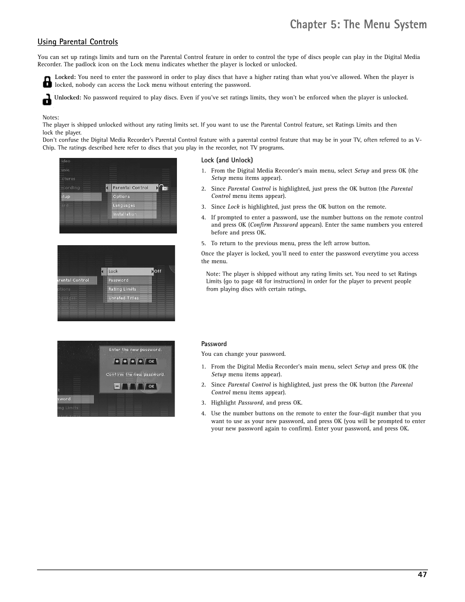 Chapter 5: the menu system, Using parental controls | RCA DRC7005N User Manual | Page 49 / 64