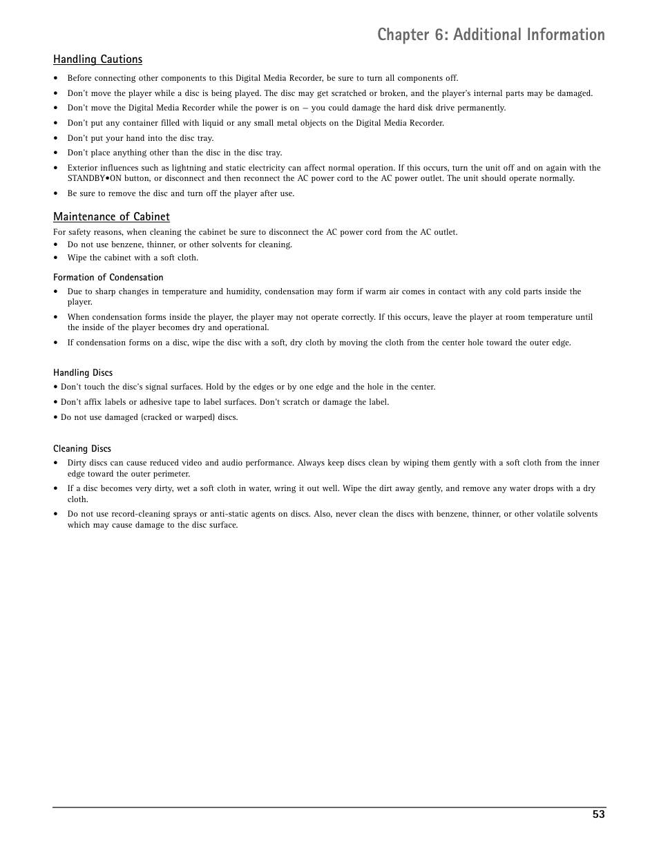 Chapter 6: additional information, Handling cautions, Maintenance of cabinet | RCA DRC7005N User Manual | Page 55 / 64