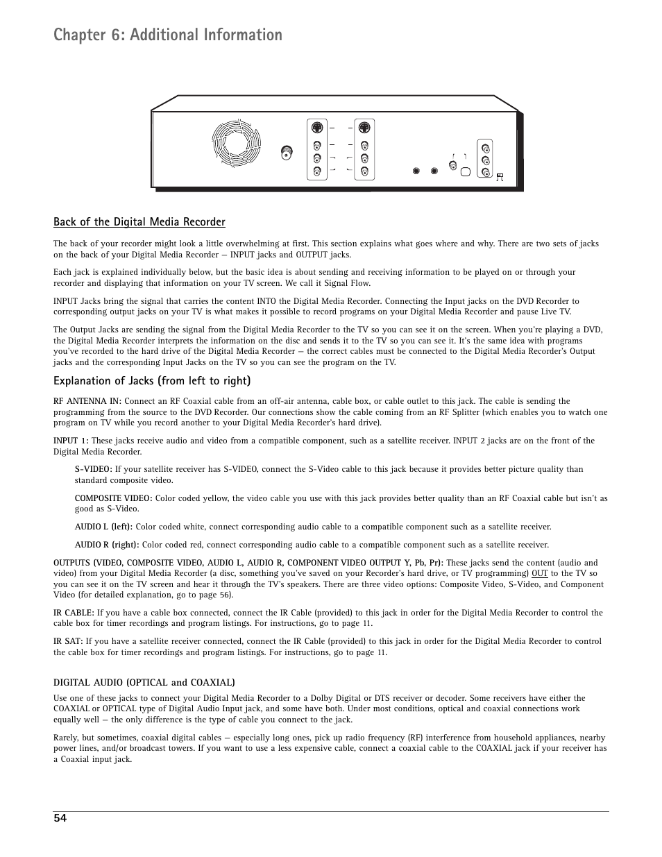 Chapter 6: additional information, Back of the digital media recorder, Explanation of jacks (from left to right) | Digital audio (optical and coaxial) | RCA DRC7005N User Manual | Page 56 / 64