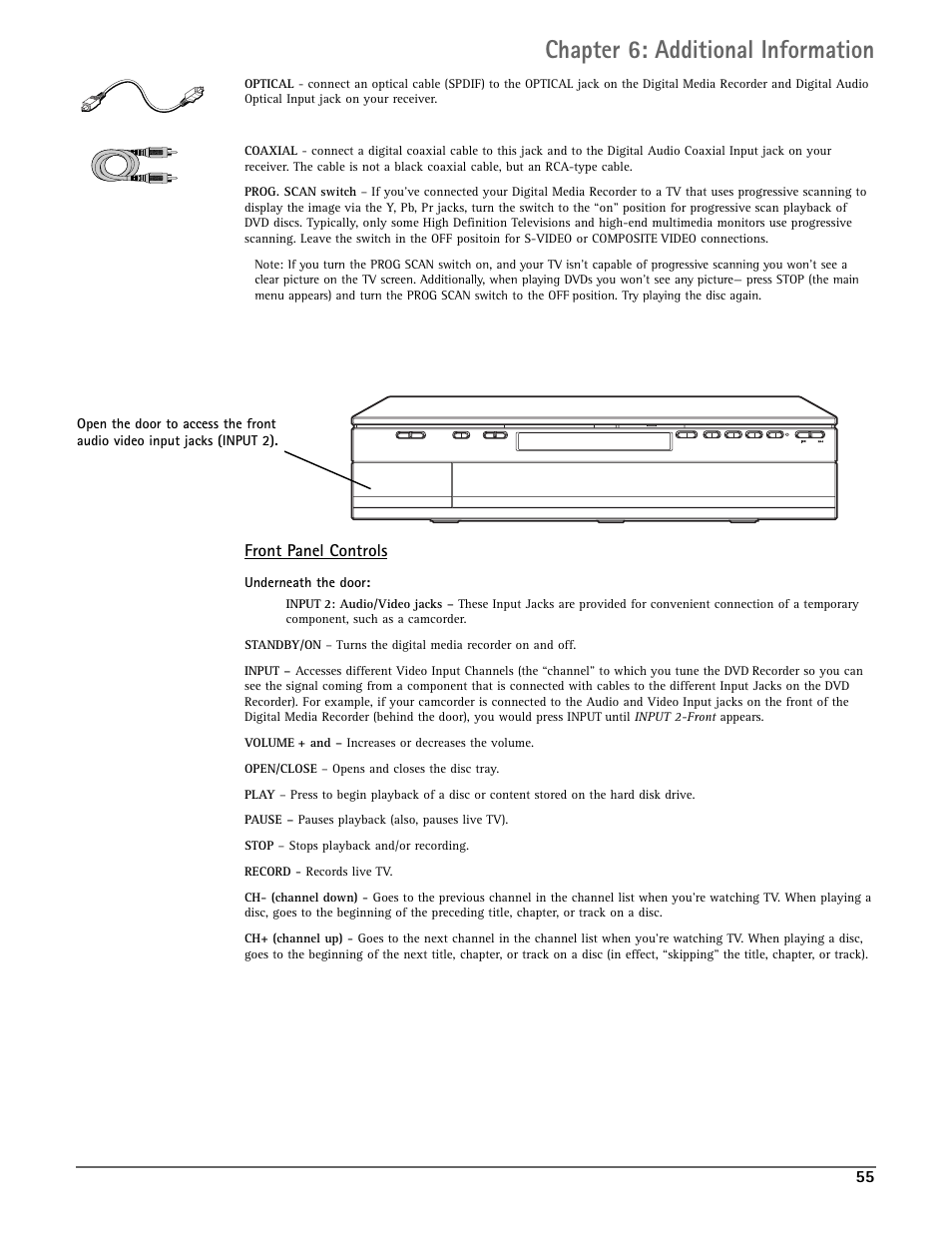 Chapter 6: additional information, Front panel controls, Underneath the door | RCA DRC7005N User Manual | Page 57 / 64