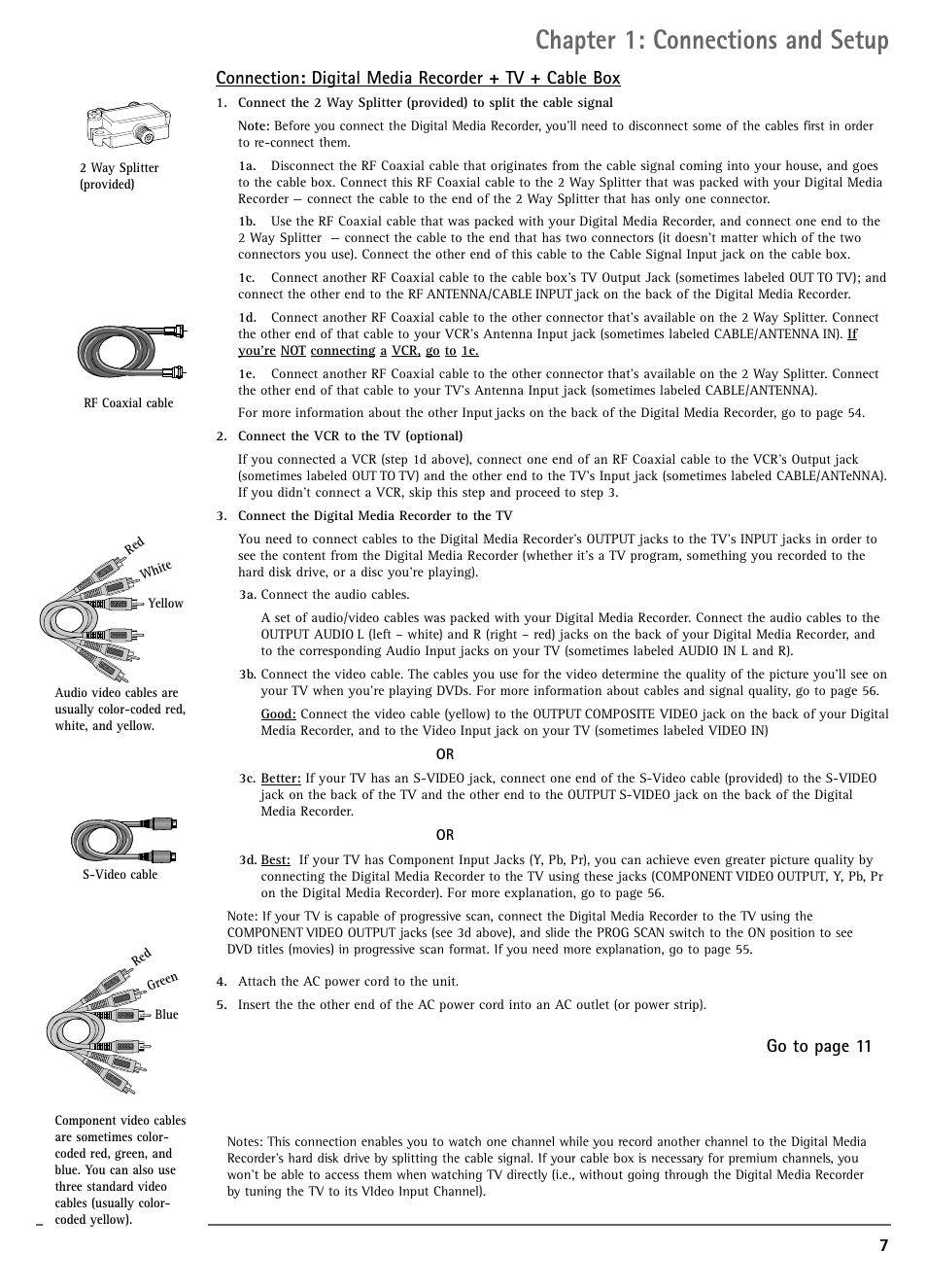 Chapter 1: connections and setup, Go to page 11 | RCA DRC7005N User Manual | Page 9 / 64