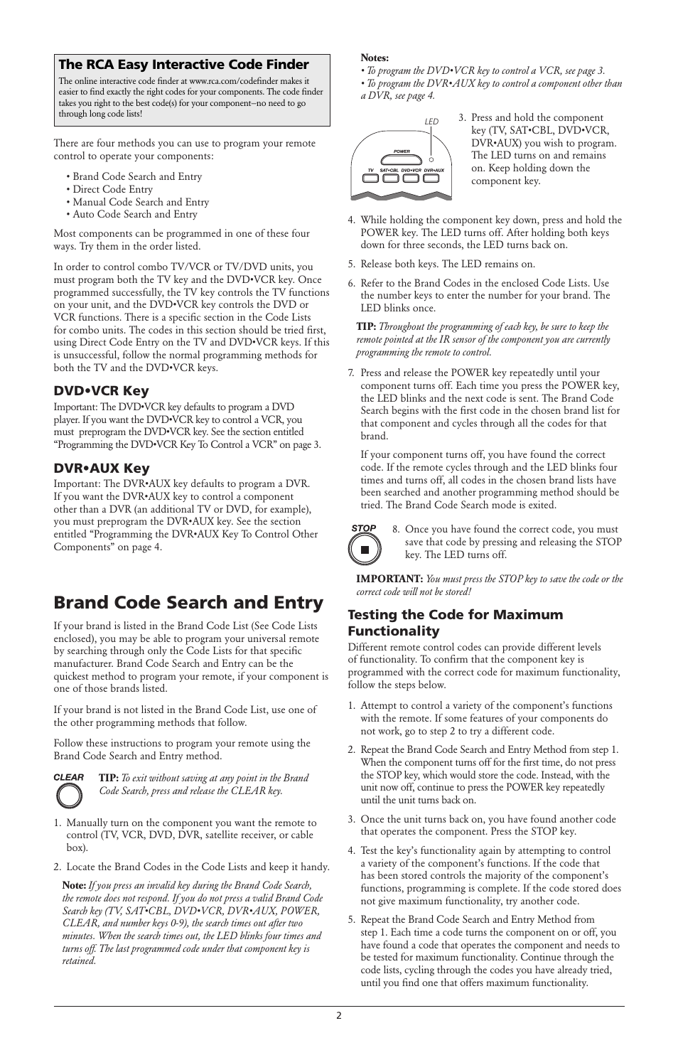 Brand code search and entry, Dvd•vcr key, Dvr•aux key | Testing the code for maximum functionality, The rca easy interactive code finder | RCA RCR4273 User Manual | Page 2 / 6