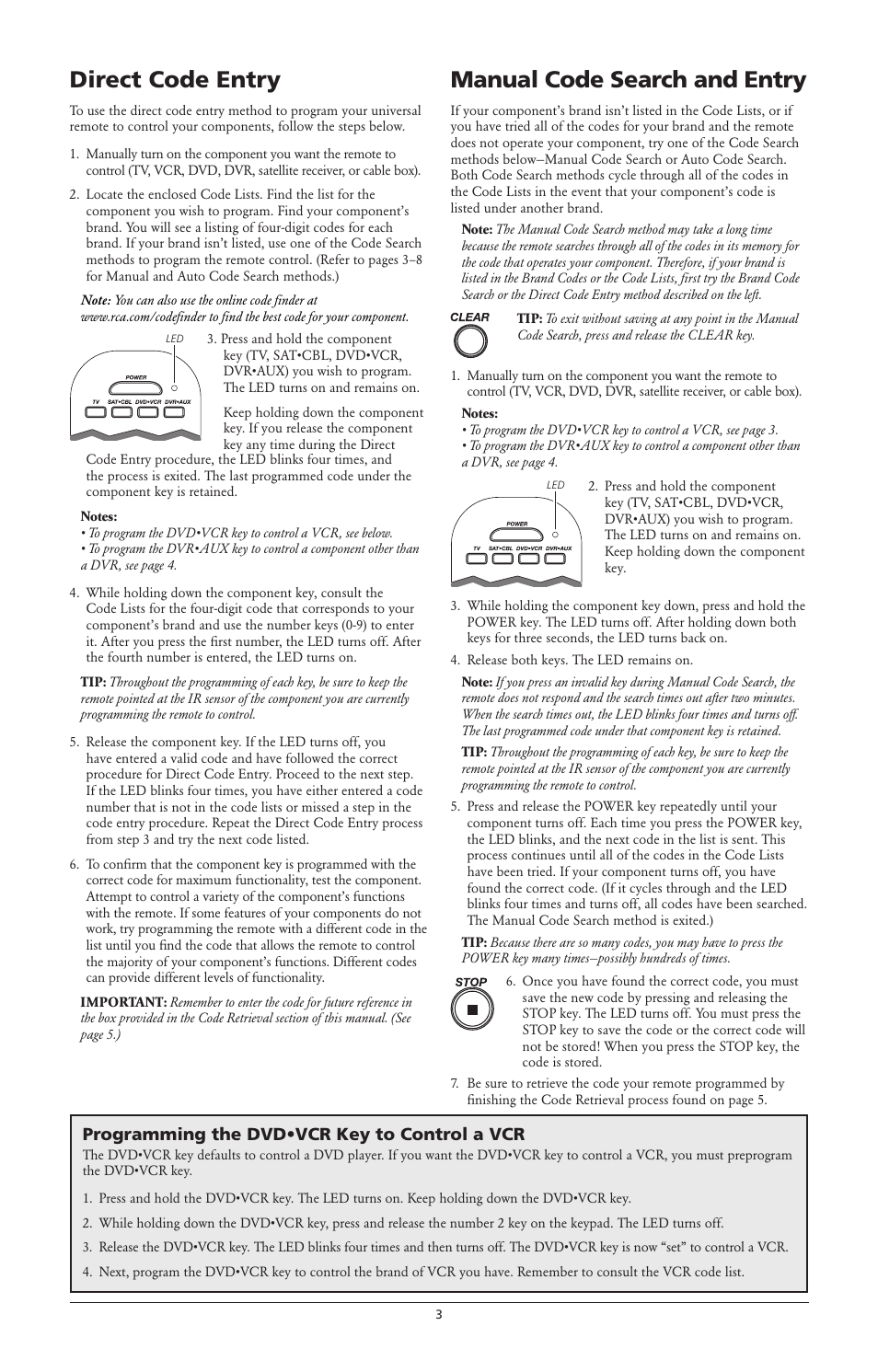 Direct code entry, Manual code search and entry, Programming the dvd•vcr key to control a vcr | RCA RCR4273 User Manual | Page 3 / 6