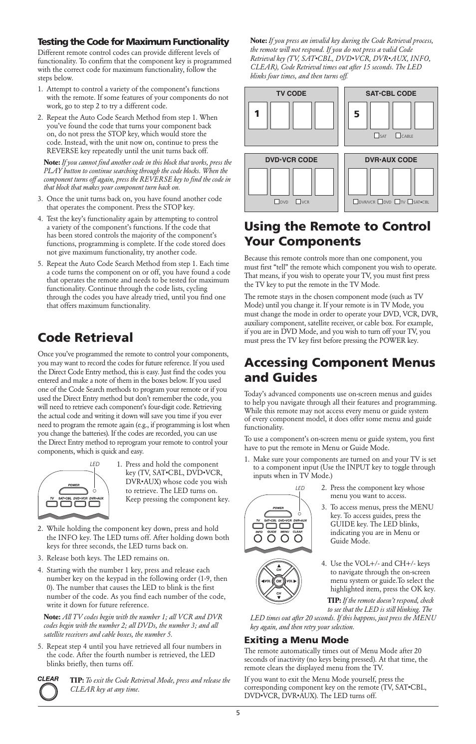 Code retrieval, Using the remote to control your components, Accessing component menus and guides | Testing the code for maximum functionality, Exiting a menu mode | RCA RCR4273 User Manual | Page 5 / 6