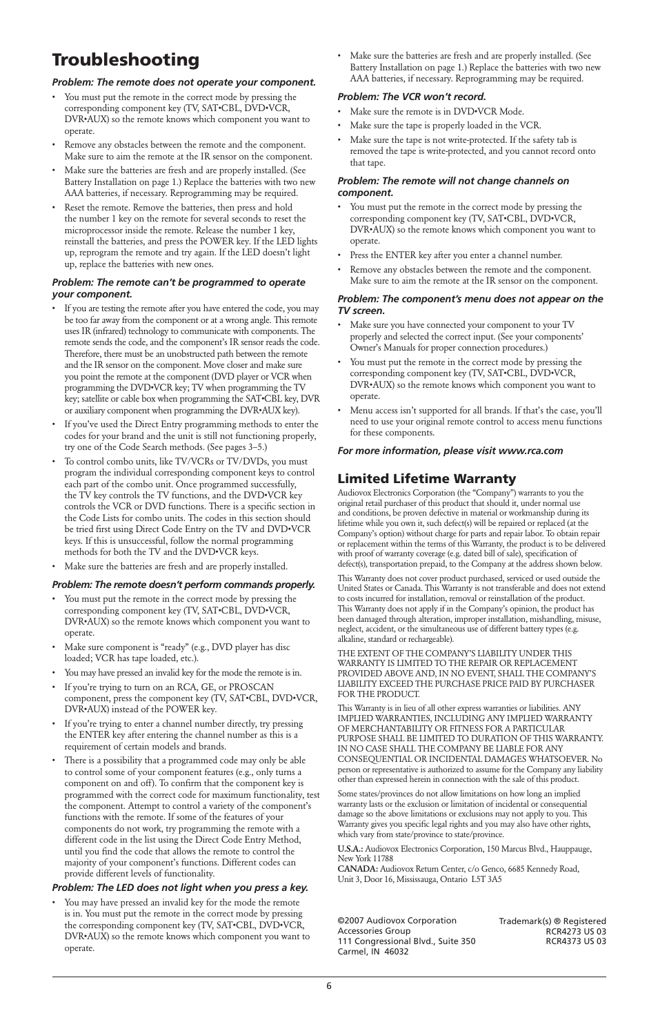 Troubleshooting, Limited lifetime warranty | RCA RCR4273 User Manual | Page 6 / 6