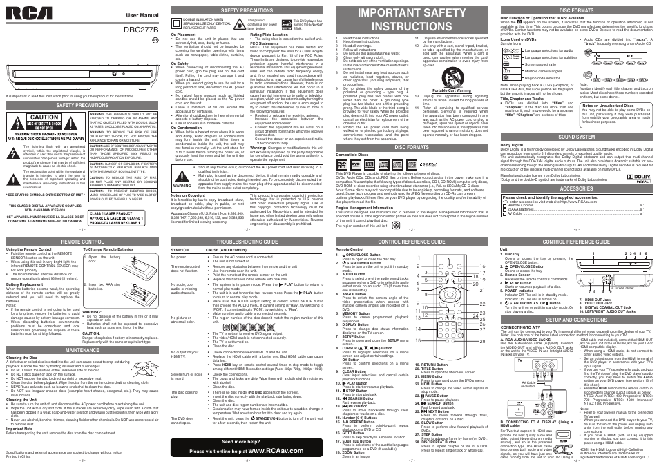 Important safety instructions, Drc277b | RCA DRC277B User Manual | Page 2 / 2