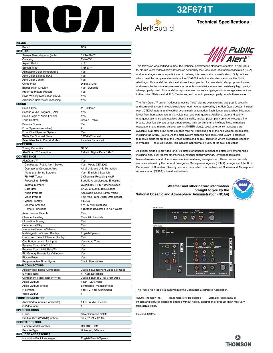 Technical specifications | RCA TruFlat 32F671T User Manual | Page 2 / 2
