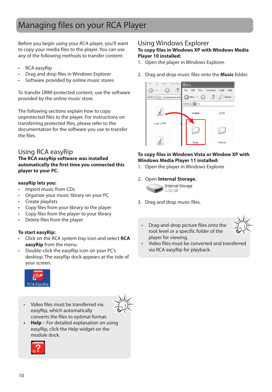 Managing files on your rca player, Using rca easyrip, Using windows explorer | RCA MC4202 User Manual | Page 10 / 88