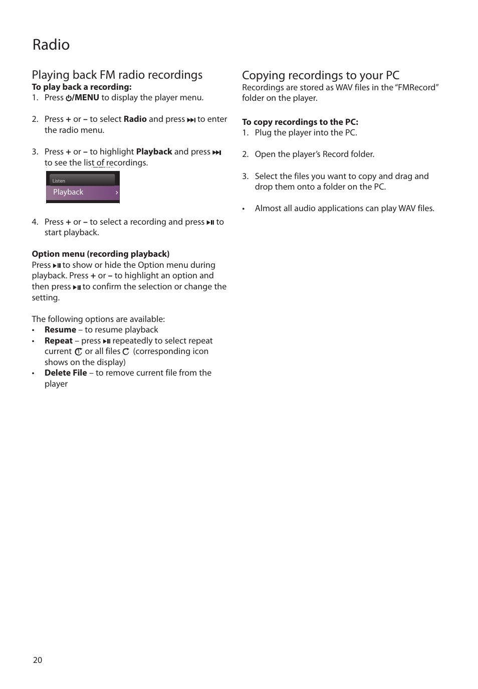 Playing back fm radio recordings, Copying recordings to your pc, Radio | RCA MC4202 User Manual | Page 20 / 88