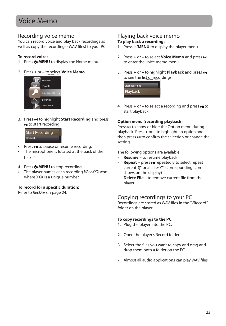Voice memo, Recording voice memo, Playing back voice memo | Copying recordings to your pc | RCA MC4202 User Manual | Page 23 / 88