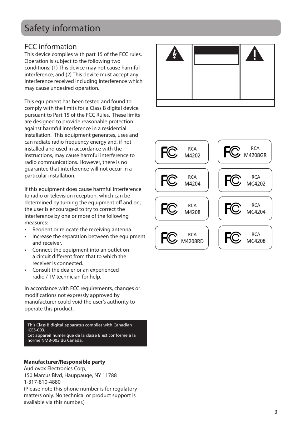 Safety information, Fcc information, Caution | Warning | RCA MC4202 User Manual | Page 3 / 88