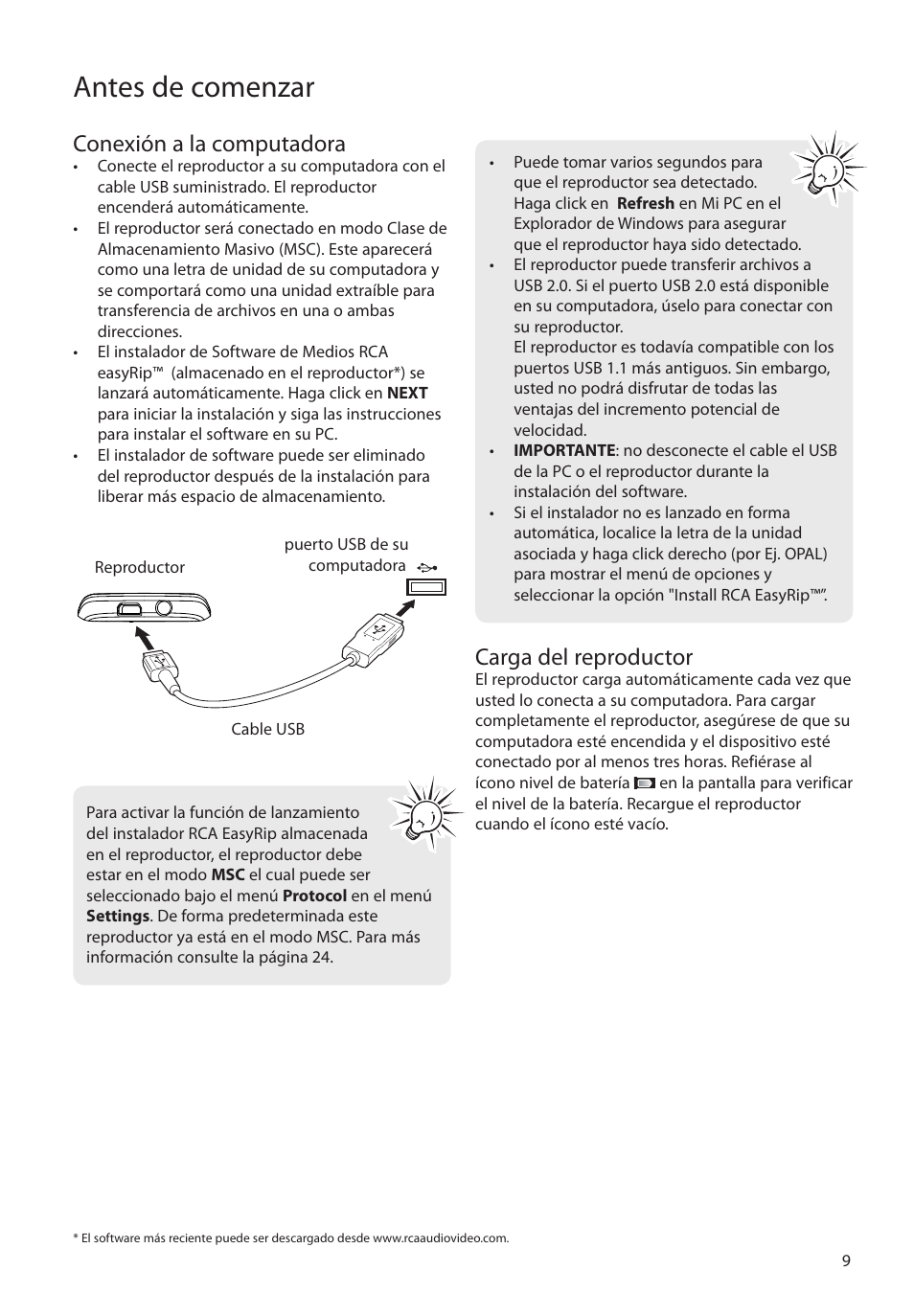 Conexión a la computadora, Carga del reproductor, Antes de comenzar | RCA MC4202 User Manual | Page 38 / 88