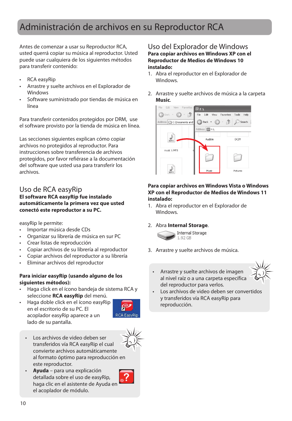 Administración de archivos en su reproductor rca, Uso de rca easyrip, Uso del explorador de windows | RCA MC4202 User Manual | Page 39 / 88
