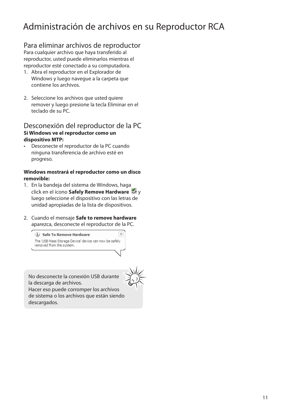 Para eliminar archivos de reproductor, Desconexión del reproductor de la pc, Administración de archivos en su reproductor rca | RCA MC4202 User Manual | Page 40 / 88