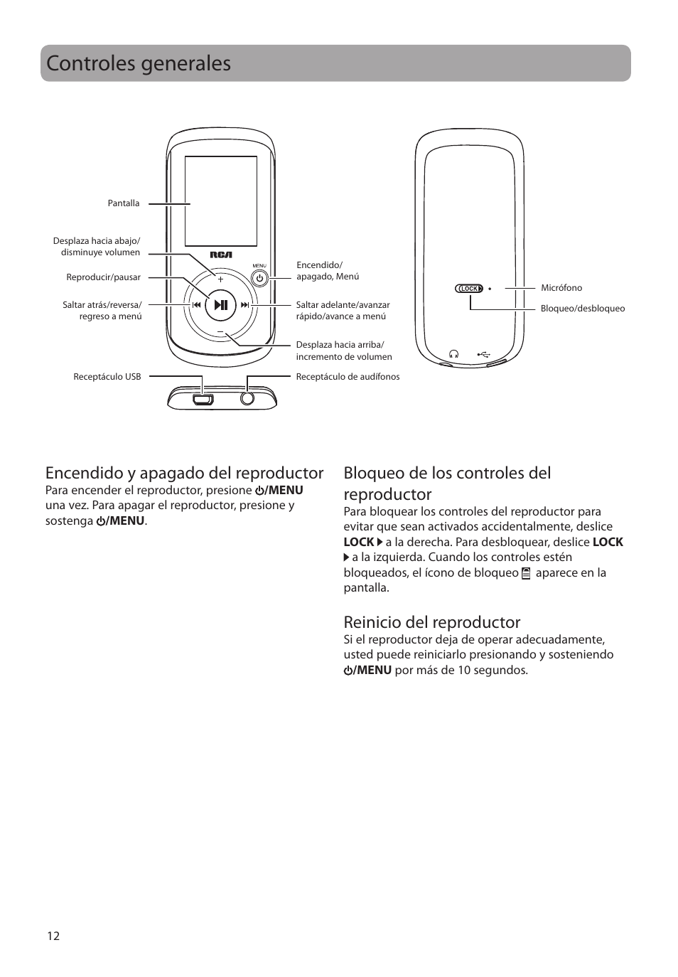 Controles generales, Encendido y apagado del reproductor, Bloqueo de los controles del reproductor | Reinicio del reproductor | RCA MC4202 User Manual | Page 41 / 88