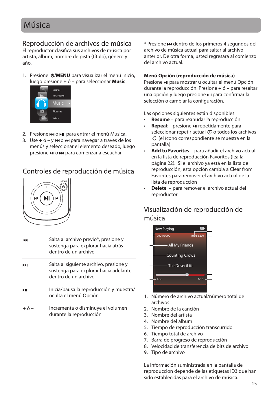 Música, Reproducción de archivos de música, Controles de reproducción de música | Visualización de reproducción de música | RCA MC4202 User Manual | Page 44 / 88