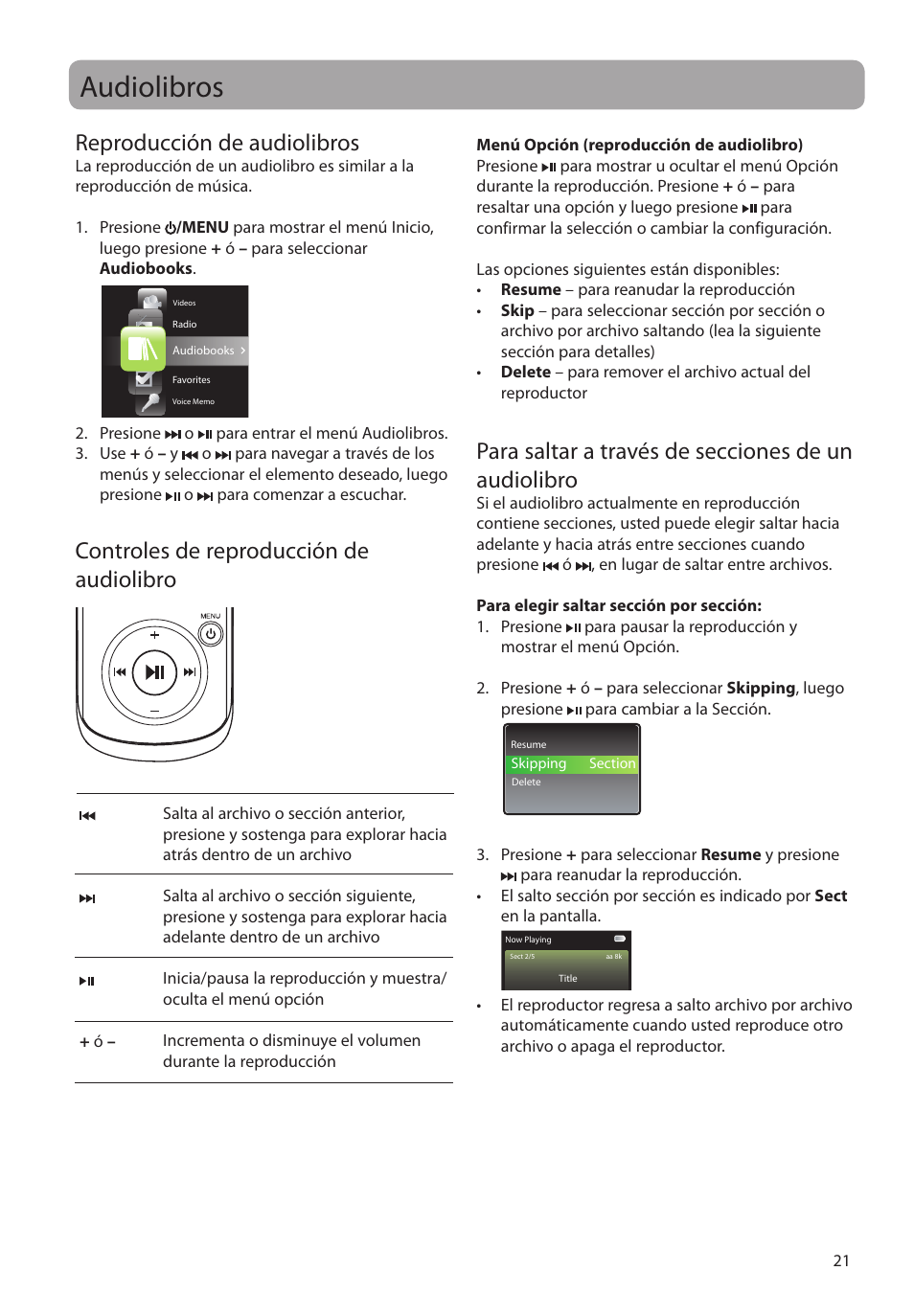 Audiolibros, Reproducción de audiolibros, Controles de reproducción de audiolibro | Para saltar a través de secciones de un audiolibro | RCA MC4202 User Manual | Page 50 / 88