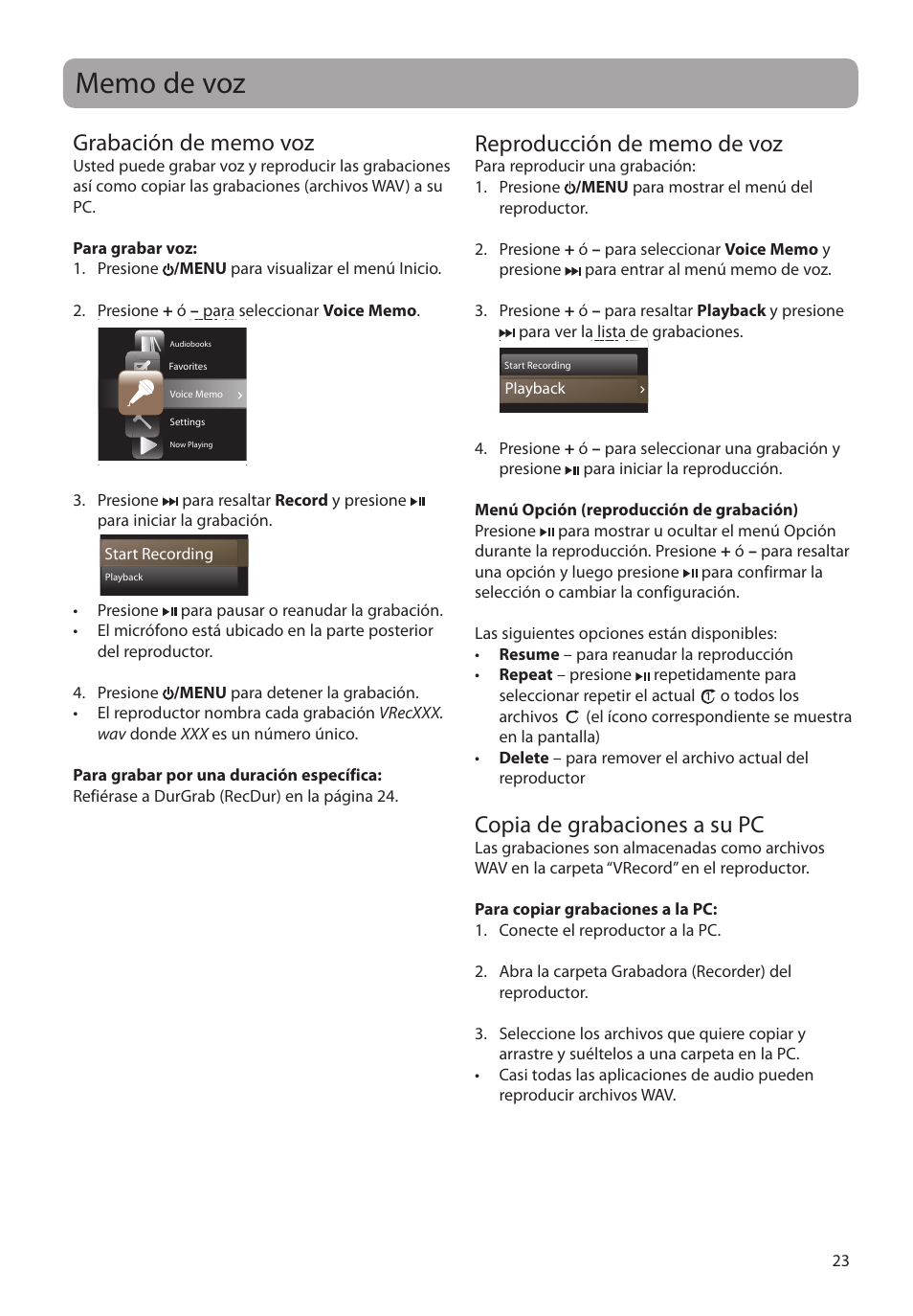 Memo de voz, Grabación de memo voz, Reproducción de memo de voz | Copia de grabaciones a su pc | RCA MC4202 User Manual | Page 52 / 88