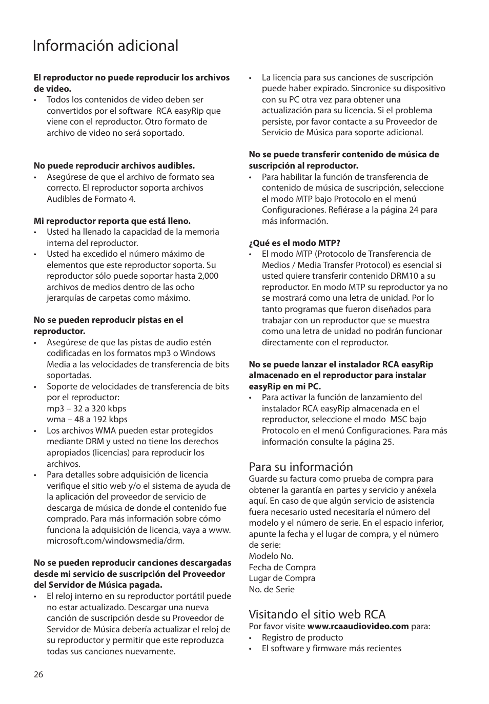 Para su información, Visitando el sitio web rca, Información adicional | RCA MC4202 User Manual | Page 55 / 88