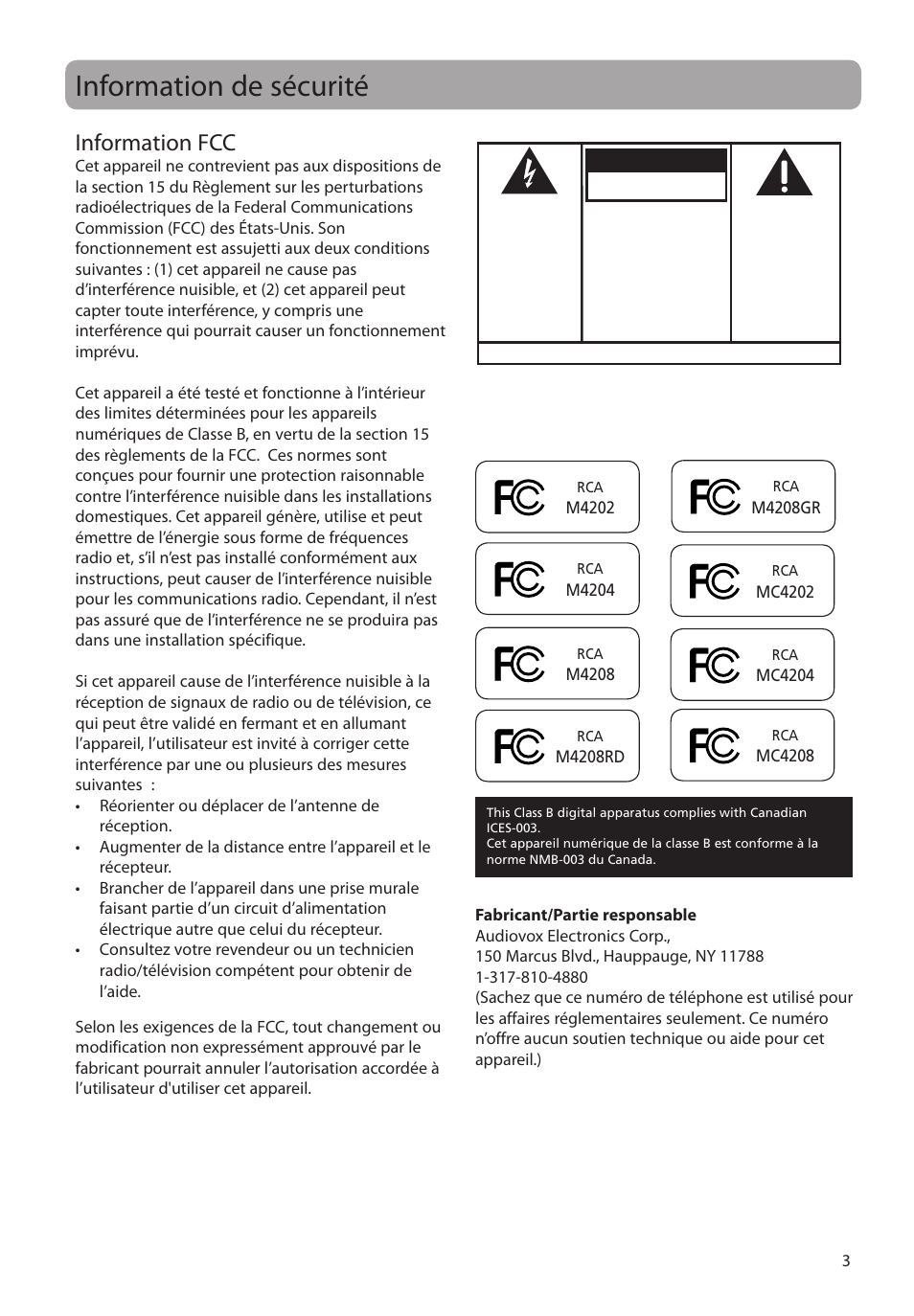 Information de sécurité, Information fcc, Avertissement | RCA MC4202 User Manual | Page 61 / 88