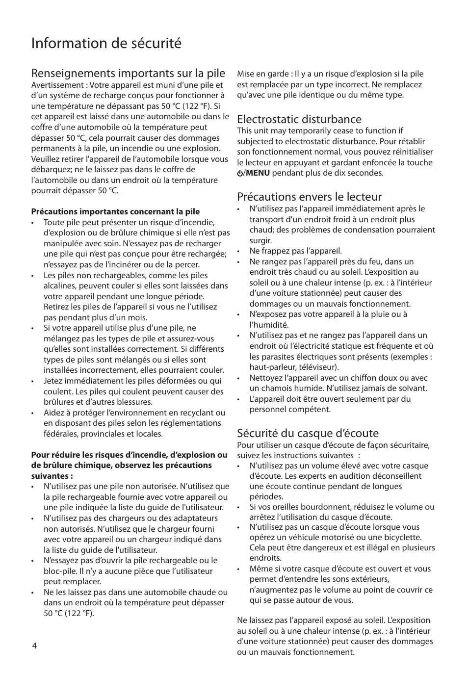 Renseignements importants sur la pile, Electrostatic disturbance, Précautions envers le lecteur | Sécurité du casque d’écoute, Information de sécurité | RCA MC4202 User Manual | Page 62 / 88