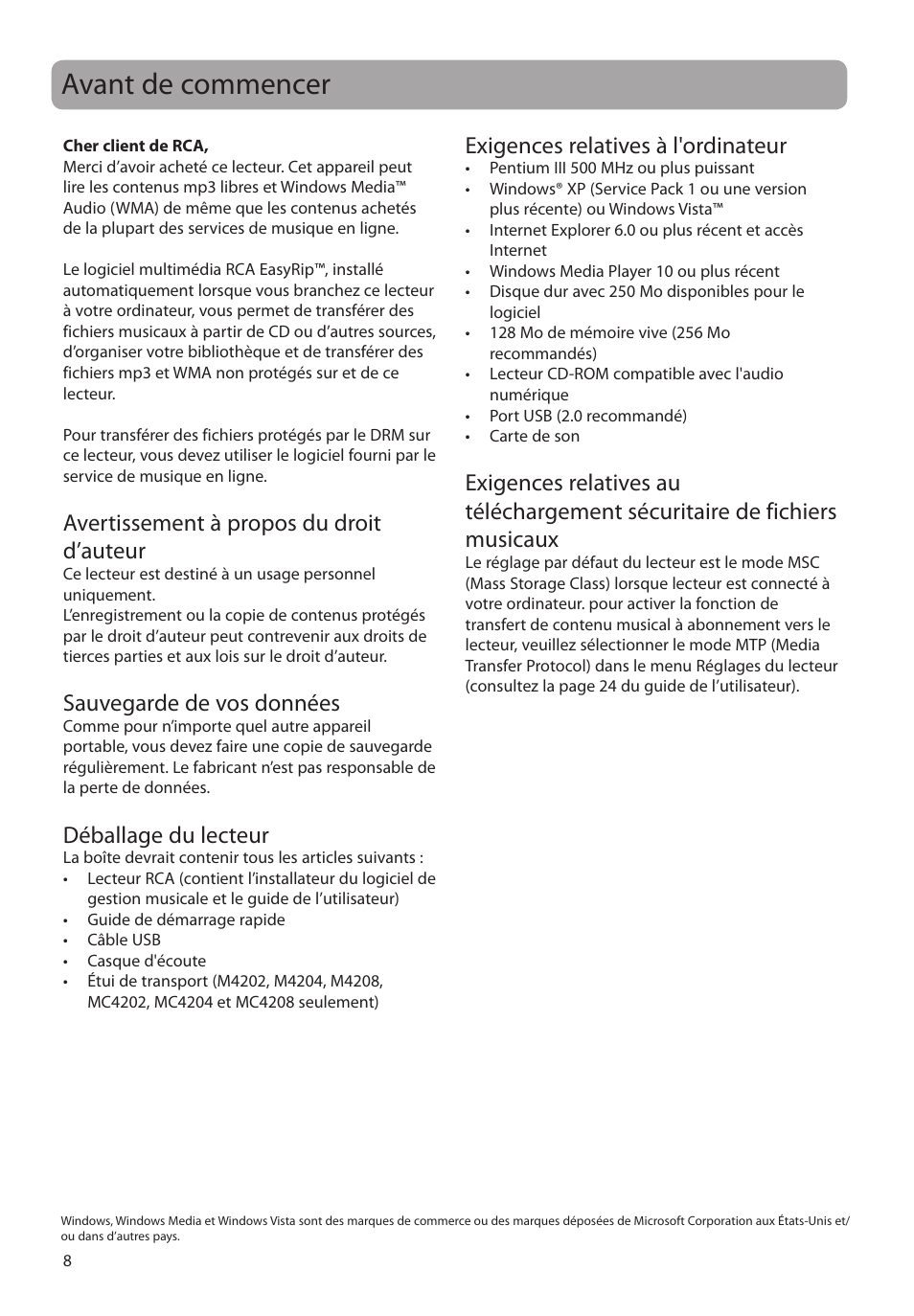 Avant de commencer, Avertissement à propos du droit d’auteur, Sauvegarde de vos données | Déballage du lecteur, Exigences relatives à l'ordinateur | RCA MC4202 User Manual | Page 66 / 88