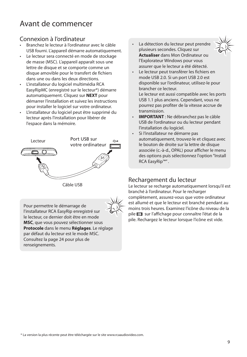 Connexion à l’ordinateur, Rechargement du lecteur, Avant de commencer | RCA MC4202 User Manual | Page 67 / 88