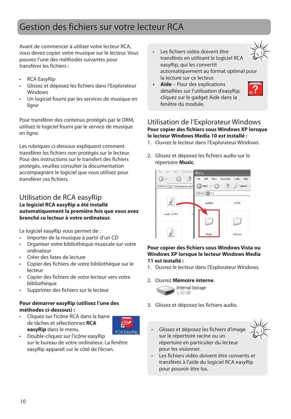 Gestion des fichiers sur votre lecteur rca, Utilisation de rca easyrip, Utilisation de l’explorateur windows | RCA MC4202 User Manual | Page 68 / 88