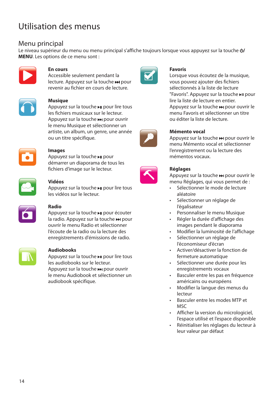 Menu principal, Utilisation des menus | RCA MC4202 User Manual | Page 72 / 88