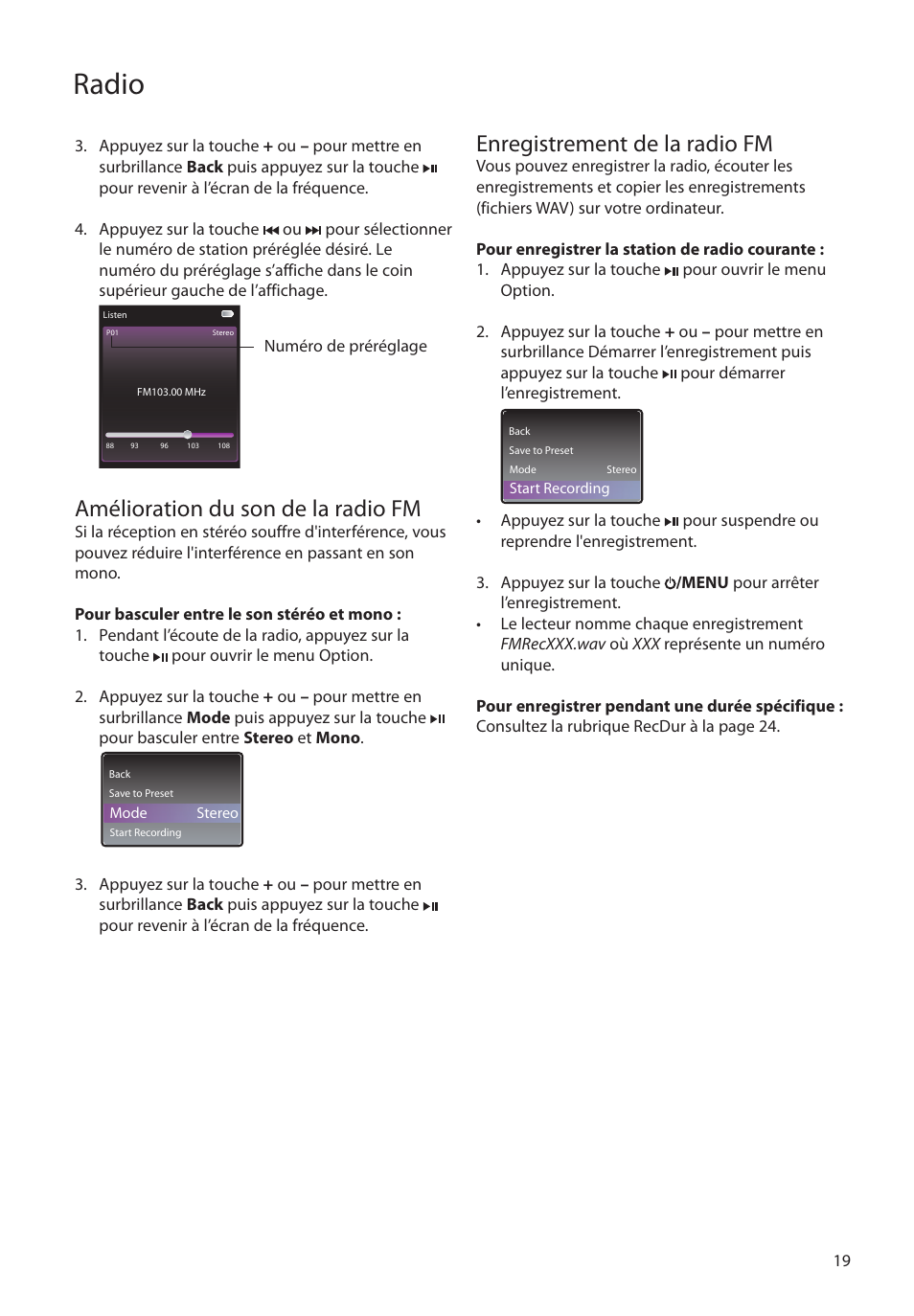 Amélioration du son de la radio fm, Enregistrement de la radio fm, Radio | RCA MC4202 User Manual | Page 77 / 88