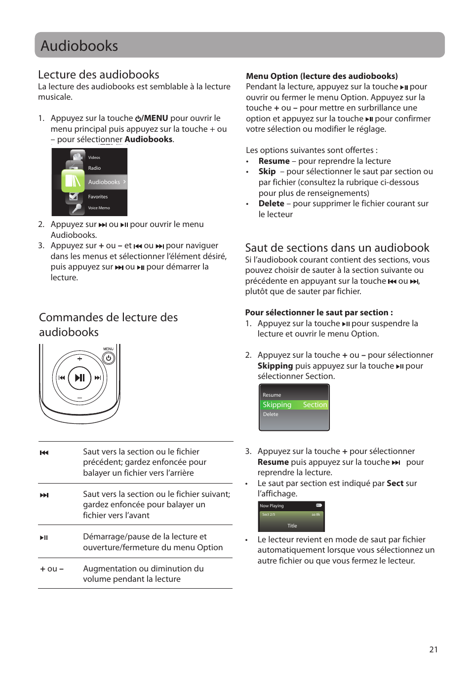 Audiobooks, Lecture des audiobooks, Commandes de lecture des audiobooks | Saut de sections dans un audiobook | RCA MC4202 User Manual | Page 79 / 88