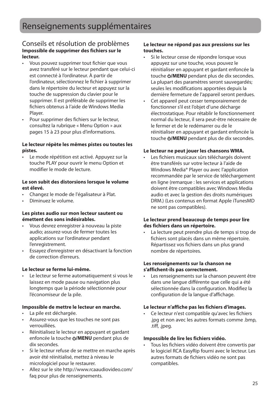 Renseignements supplémentaires, Conseils et résolution de problèmes | RCA MC4202 User Manual | Page 83 / 88